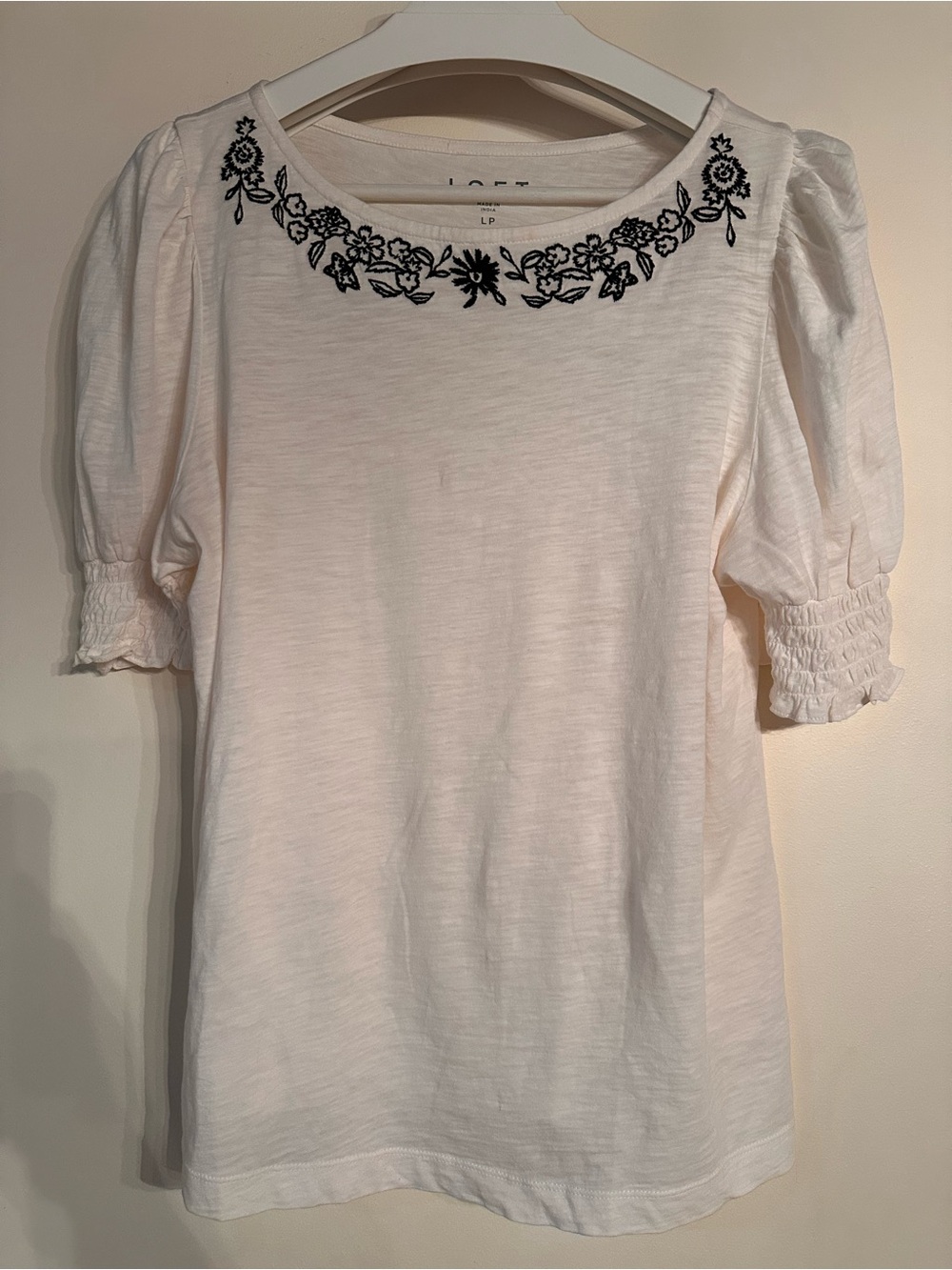 LOFT Cream Embroidered Puff Sleeve Top